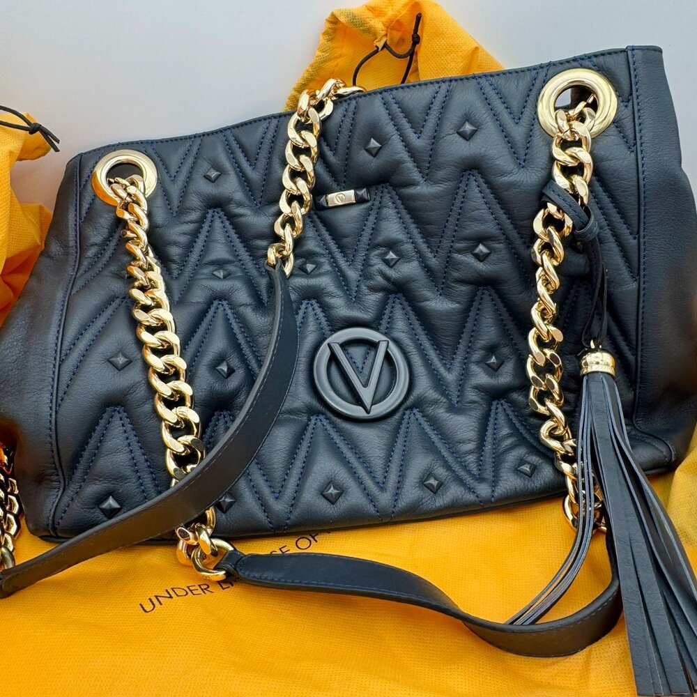Vintage Navy Blue Quilted Valentino Leather Purse Bag with Gold Chain
